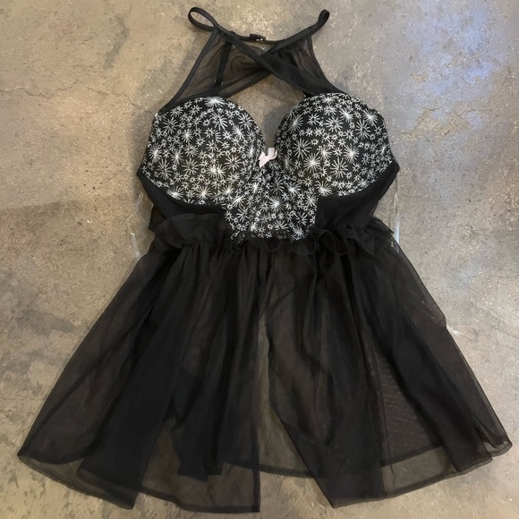 Victoria’s Secret Black “Dream Angels” High Neck Pattern Babydoll with Underwire - Picture 1 of 8